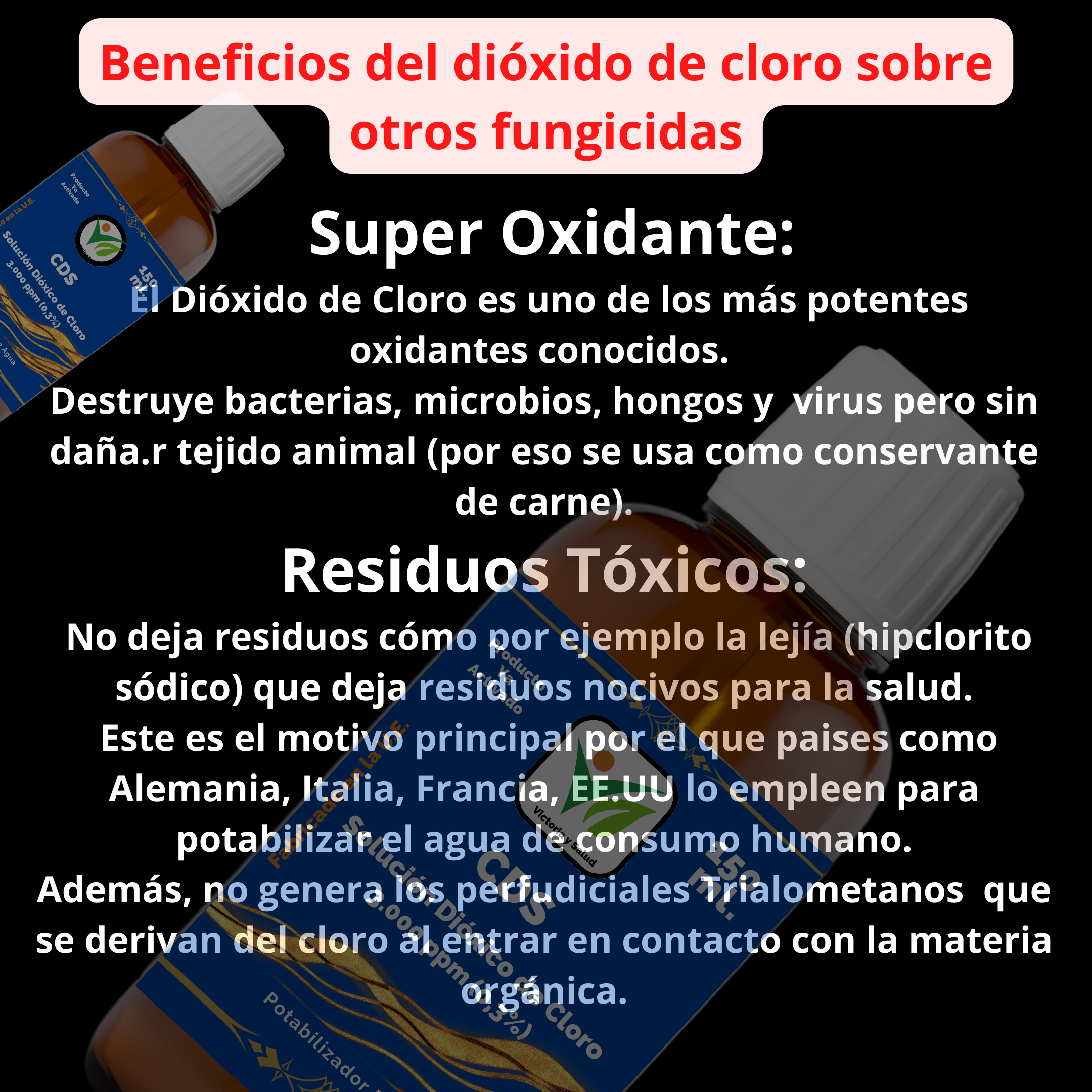 Beneficios destacados del dióxido de cloro CDS de 150 ml. Edición Blue sobre otros fungicidas.