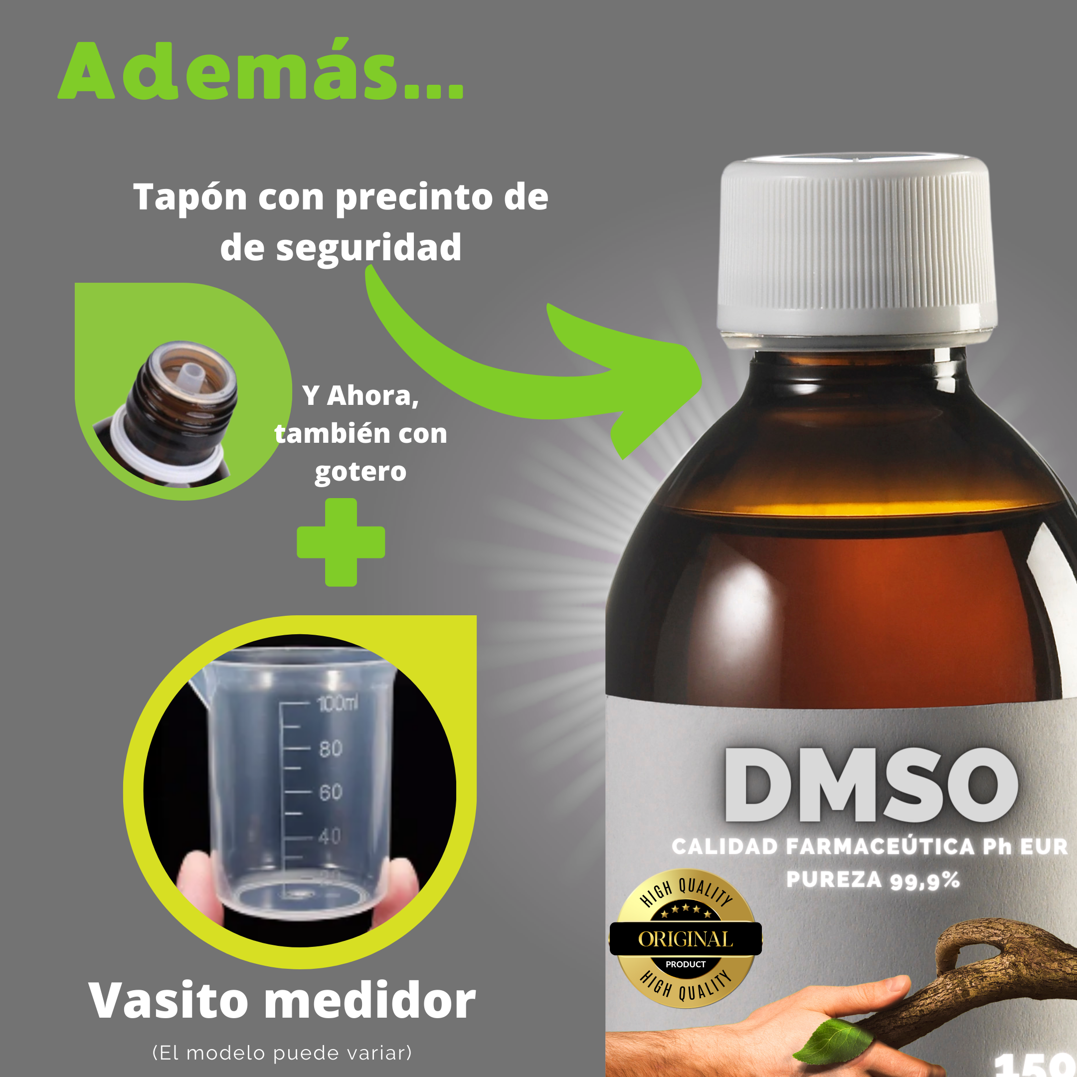 Conjunto de características externas del pack de dimetilsulfóxido DMSO de 150 ml.