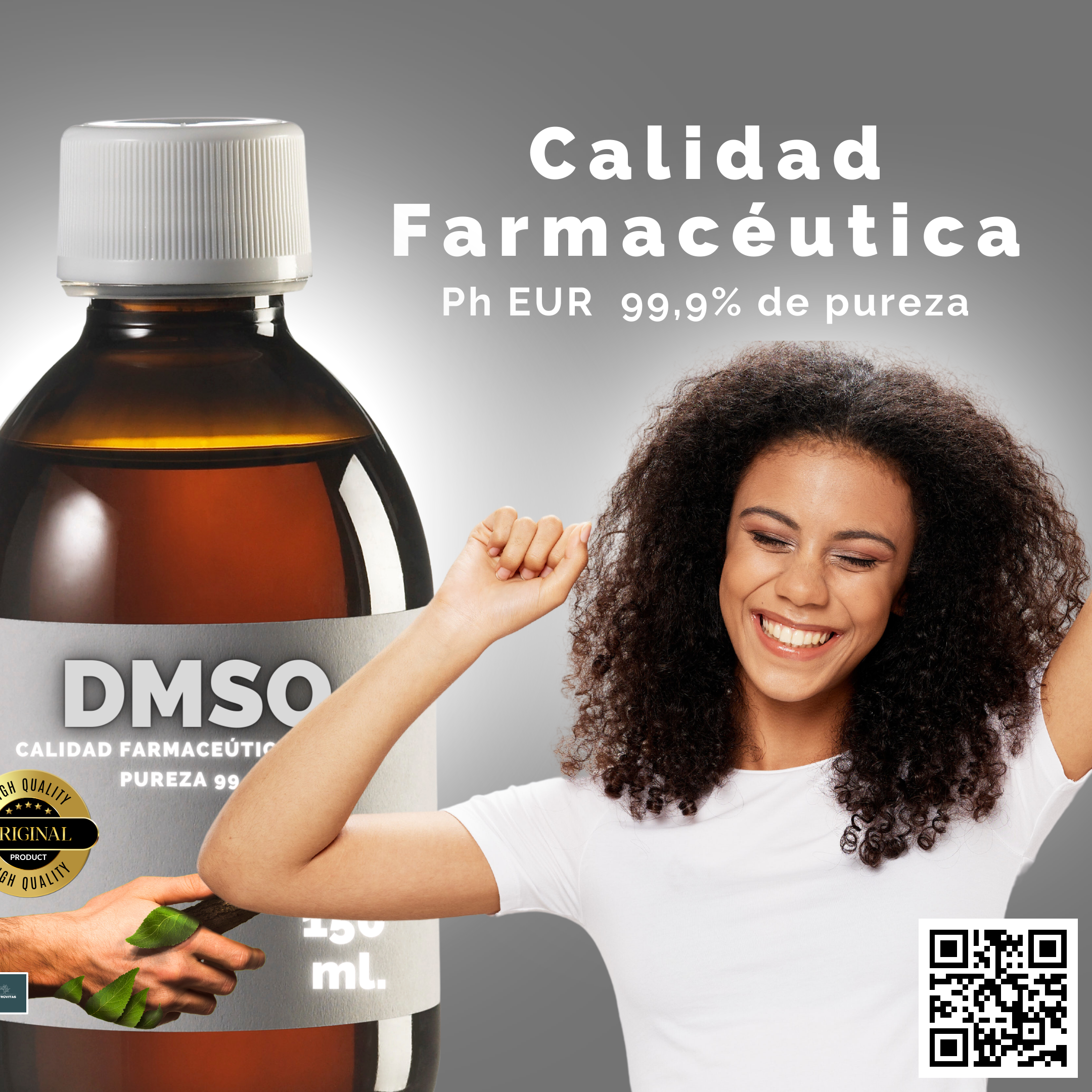 Joven chica negra muy feliz por la compra del dimetilsulfóxido DMSO de 150 ml. de Victoria y Salud