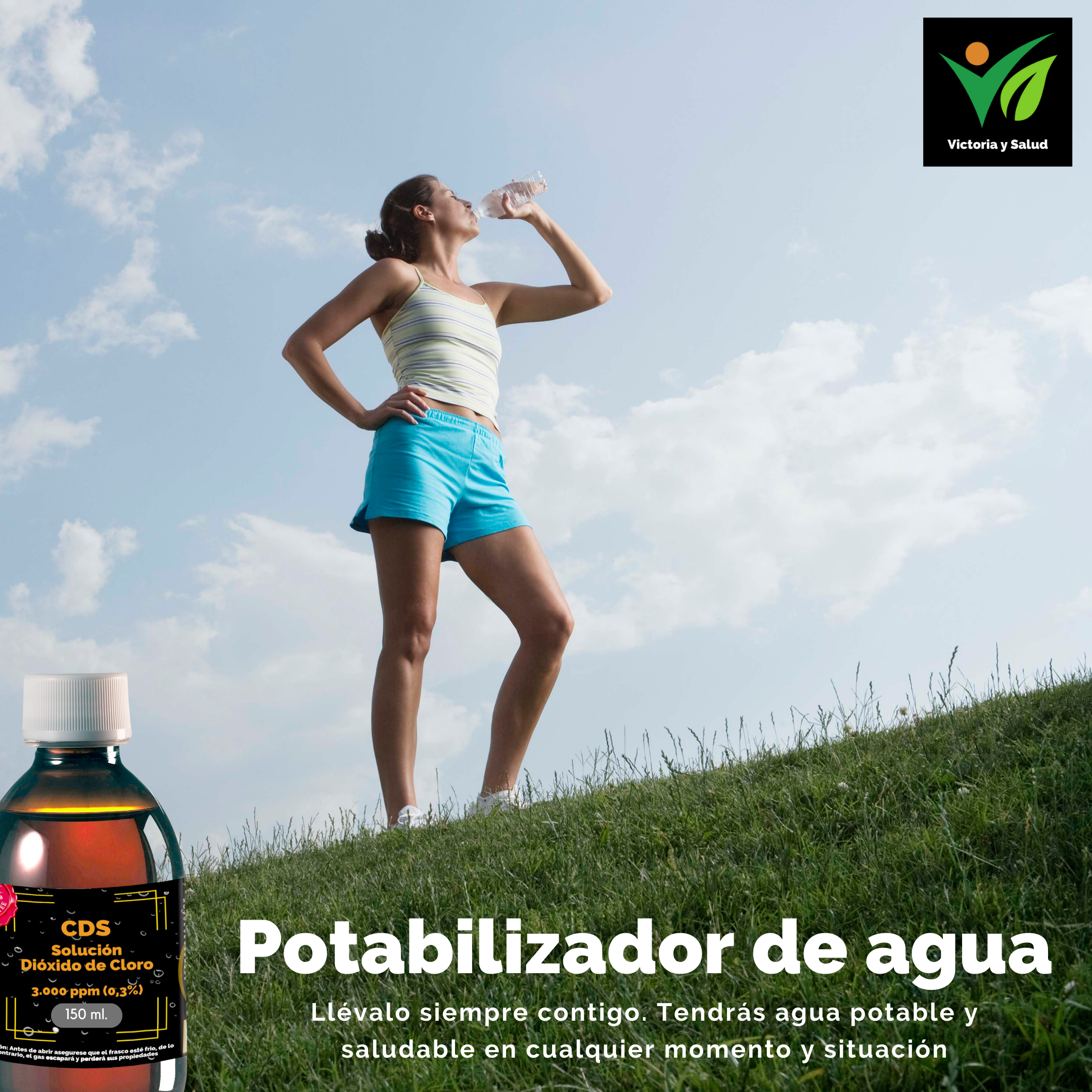 Señorita haciendo senderismo y utilizando agua potabilizada con CDS 150 ml. Black Edition