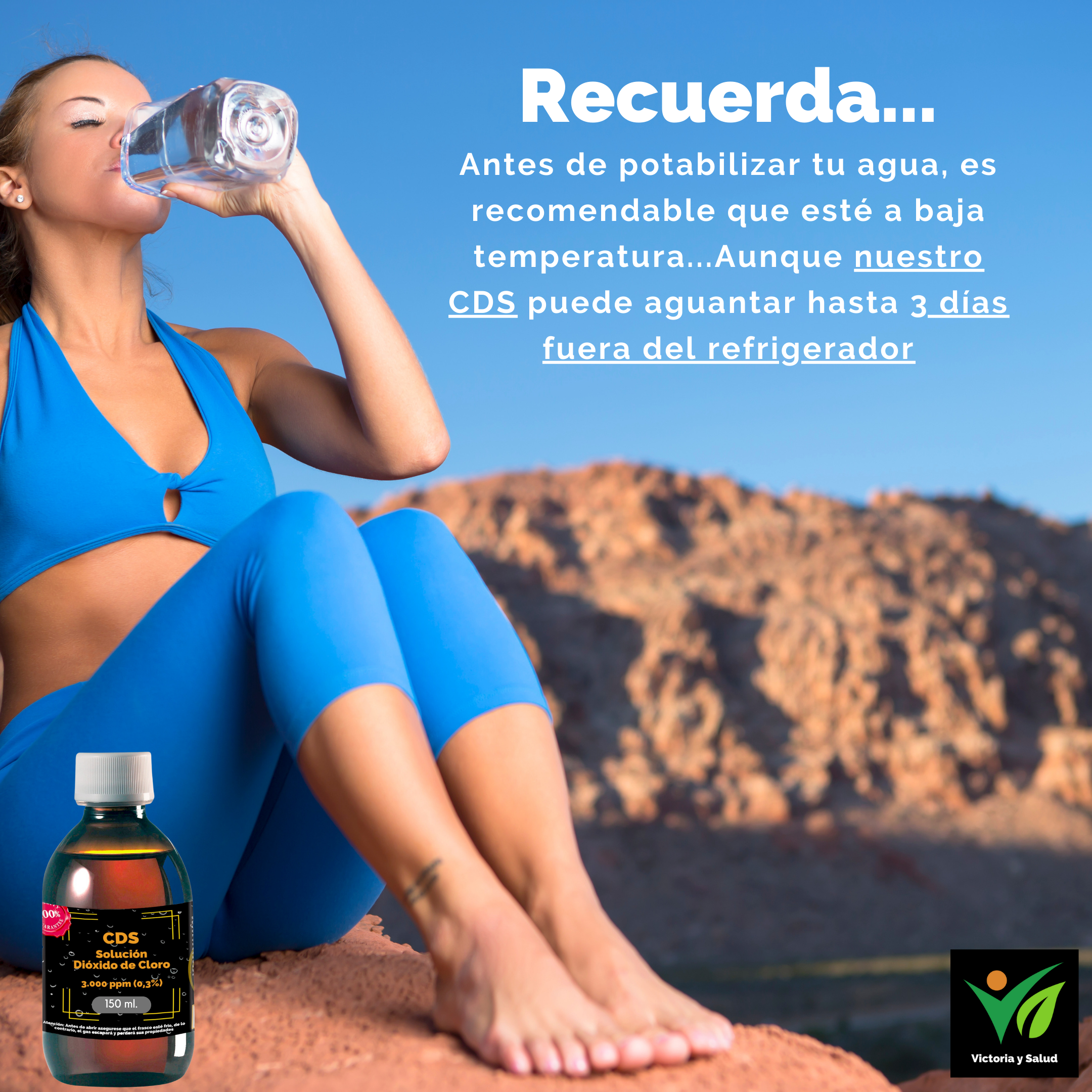 Señorita de azul en la naturaleza bebiendo agua potabilizada con CDS 150 ml. Black Edition comercializado por Victoria y Salud