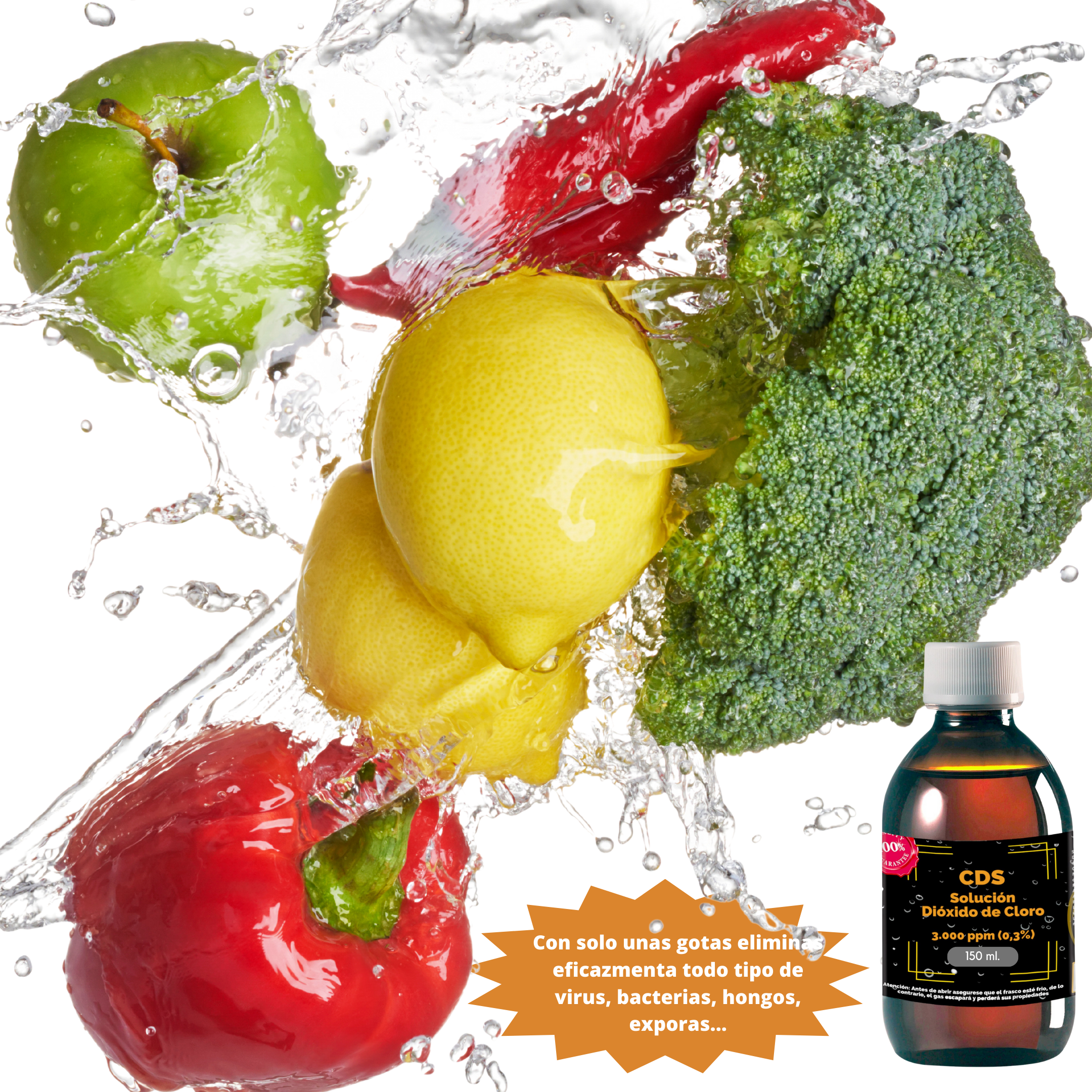 Frutas y verduras listas para comer tras haber sido desinfectadas con CDS 150 ml Black Edition
