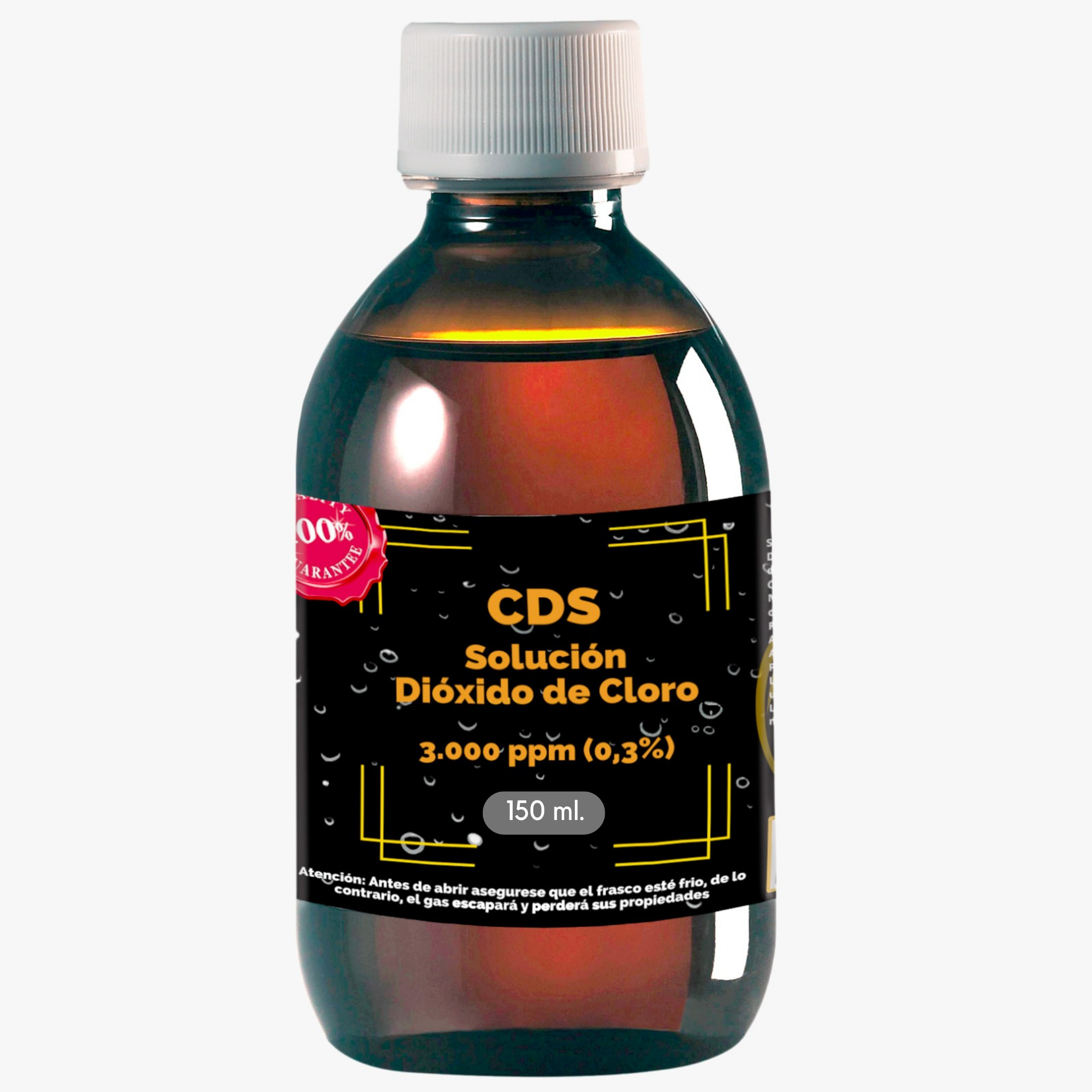 Portada de una botella de CDS o dióxido de cloro de 150 mil de la marca Futuevo comercializada por Victoria y Salud