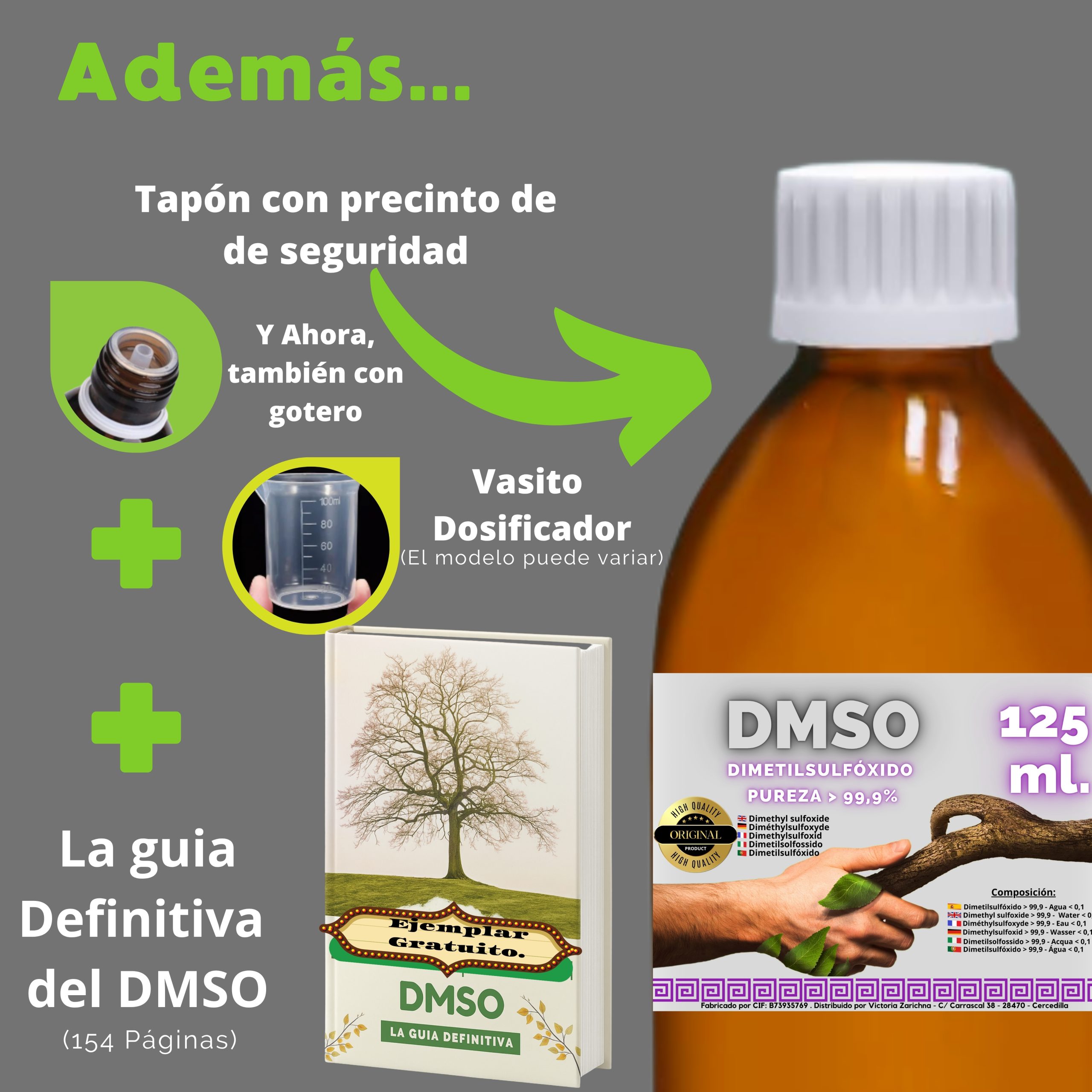 Imagen de todos los elementos mostrando precinto de seguridad, gotero y vaso dosificador con portada del libro