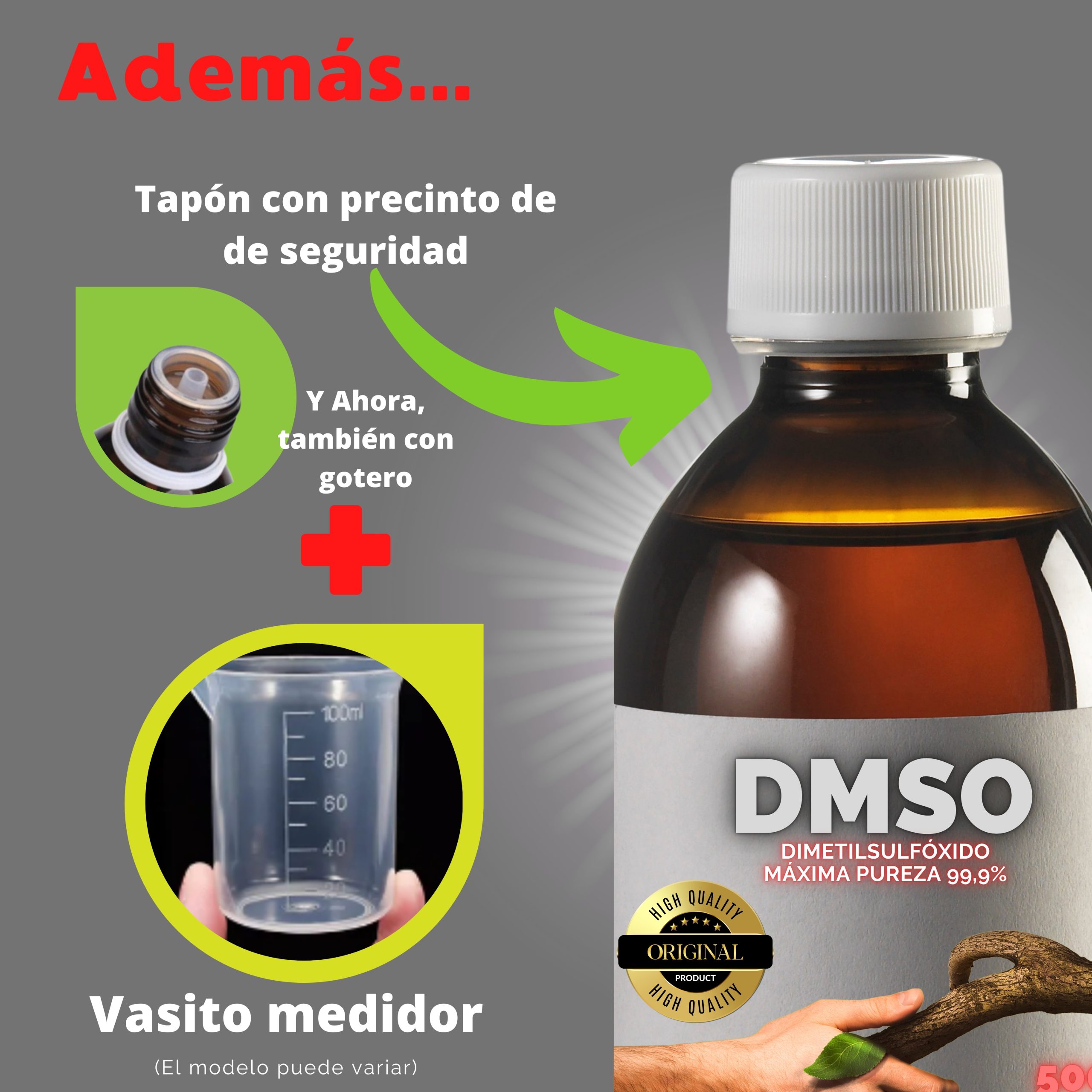 Precinto de seguridad, gotero y vaso dosificador incluido en la compra del DMSO 500 X 2
