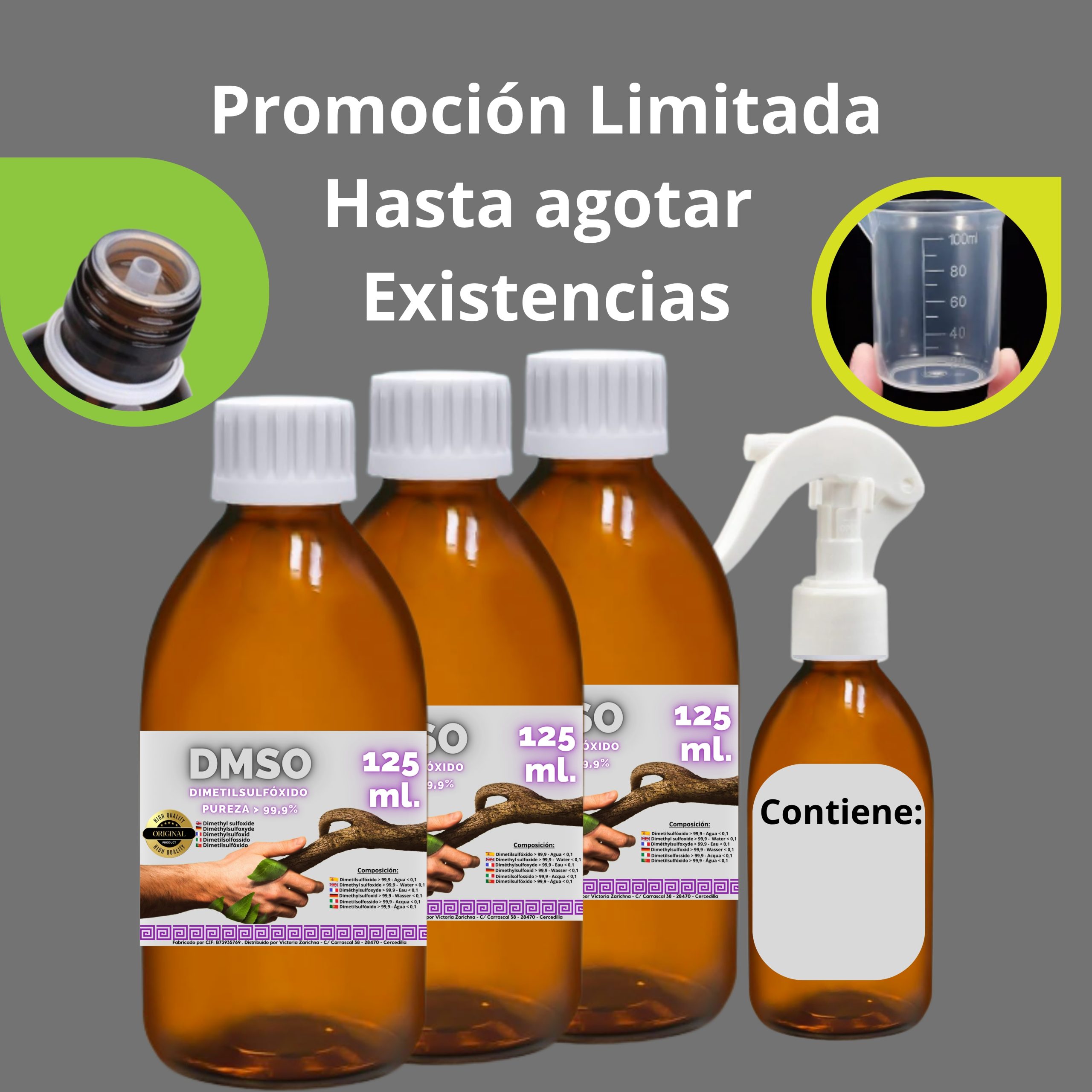 Detalle del vasito dosificador y el gotero que se regalan con la compra del pack DMSO 125 ml X 3