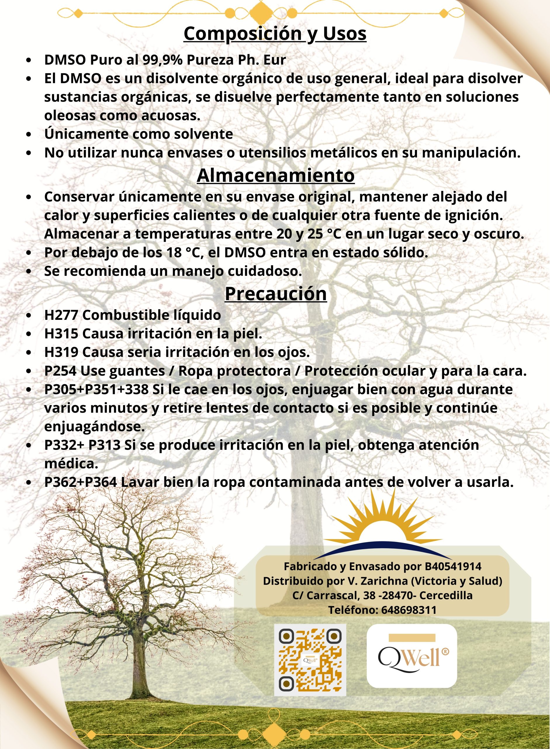 Detalle de la etiqueta de la garrafa de 5 Litros de DMSO Dimetilsulfóxido